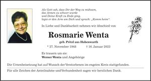 Traueranzeige Rosmarie Wenta