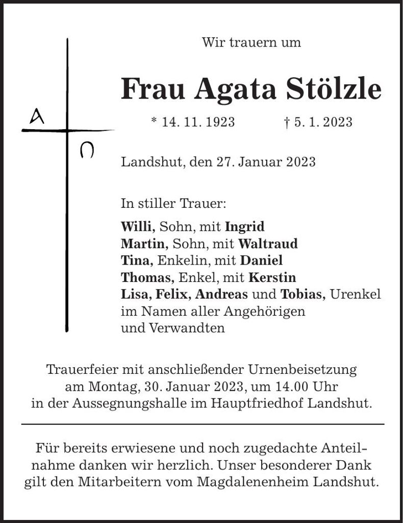 Traueranzeige Agata Stölzle