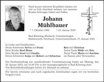 Traueranzeige Johann Mühlbauer