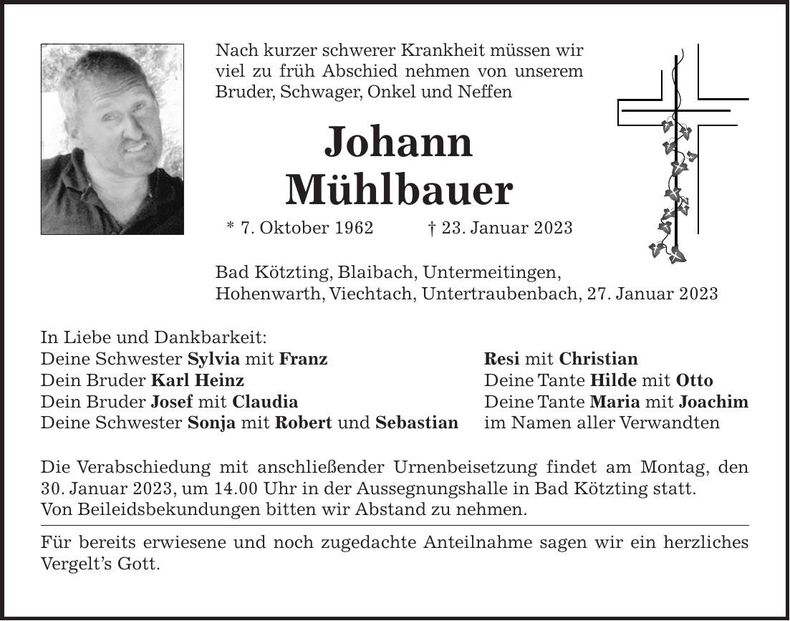 Traueranzeige Johann Mühlbauer