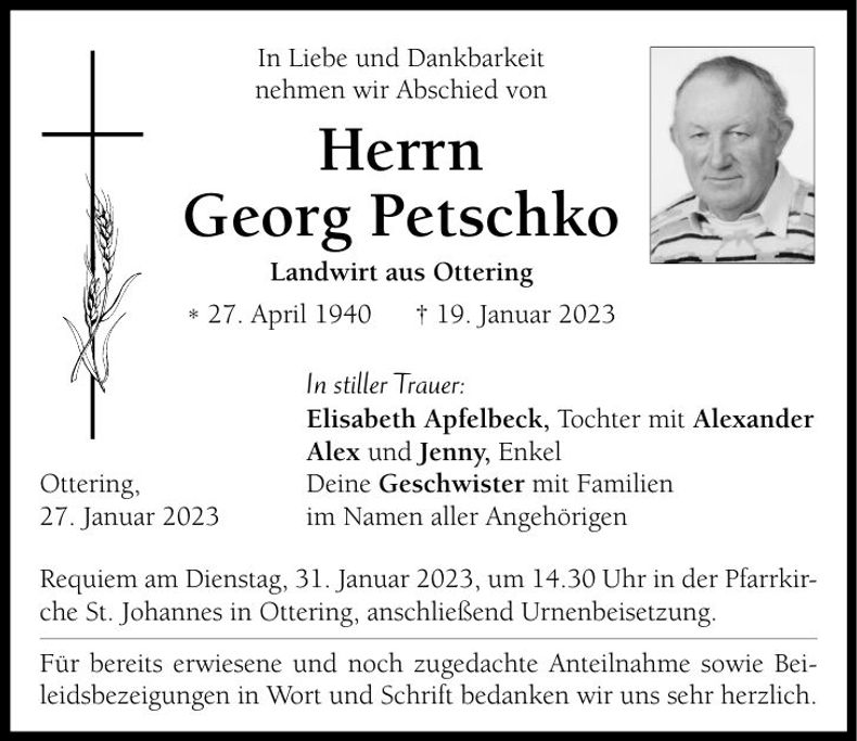 Traueranzeige Georg Petschko