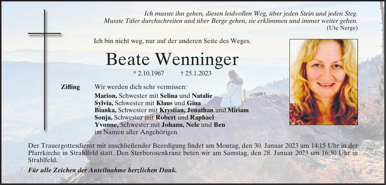 Traueranzeige Beate Wenninger