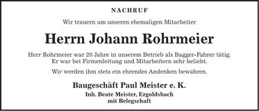 Traueranzeige Johann Rohrmeier