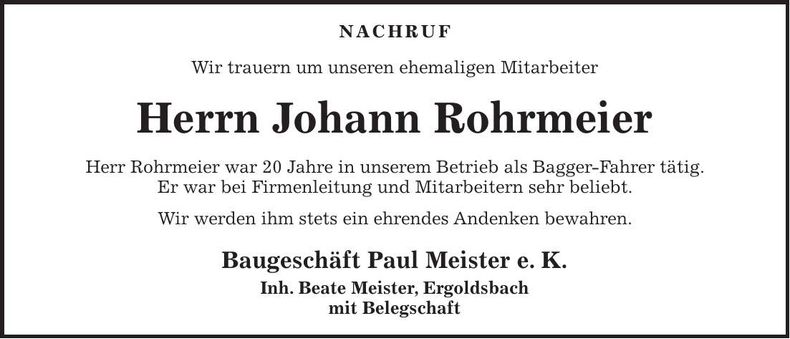 Traueranzeige Johann Rohrmeier