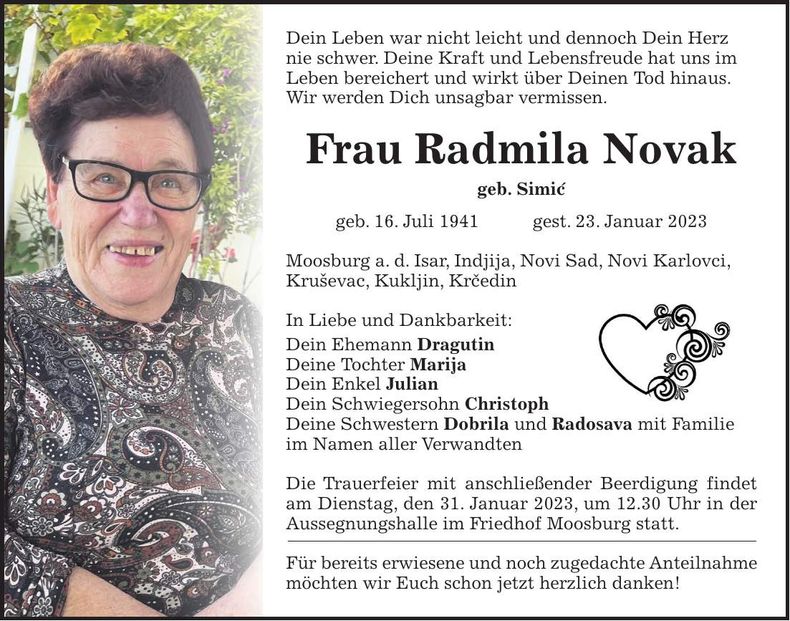 Traueranzeige Radmila Novak