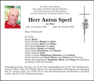 Traueranzeige Anton Sperl