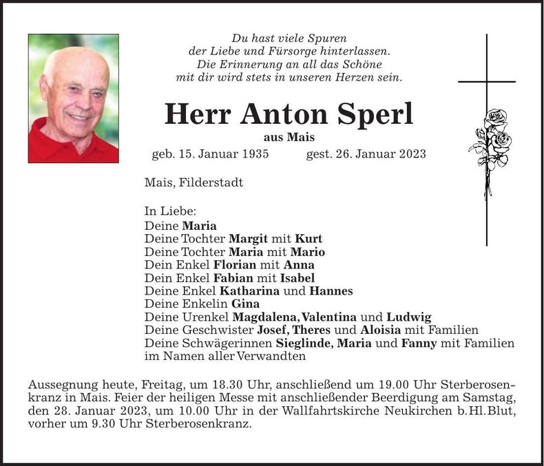 Traueranzeige Anton Sperl