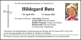 Traueranzeige Hildegard Butz