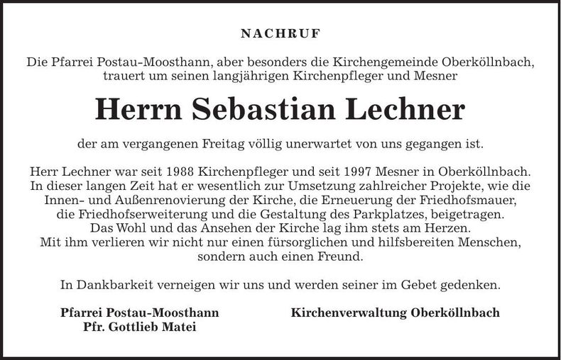 Traueranzeige Sebastian Lechner