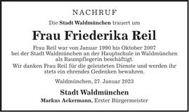 Traueranzeige Friederika Reil