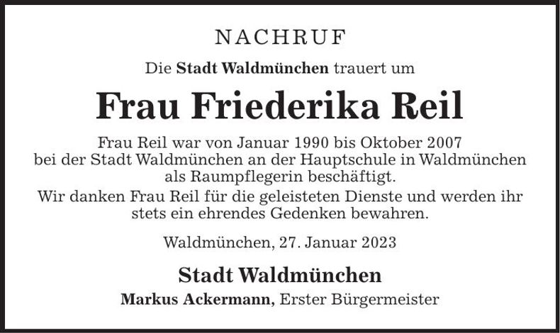 Traueranzeige Friederika Reil