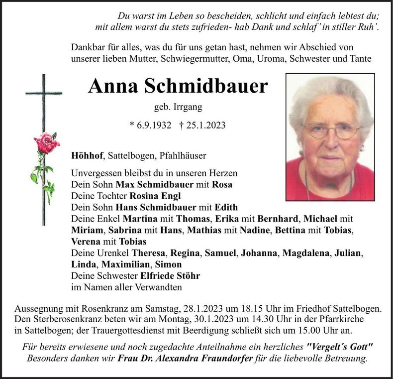 Traueranzeige Anna Schmidbauer