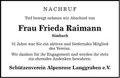 Traueranzeige Frieda Raimann