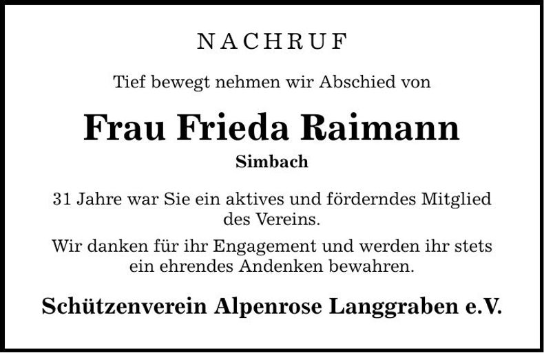 Traueranzeige Frieda Raimann