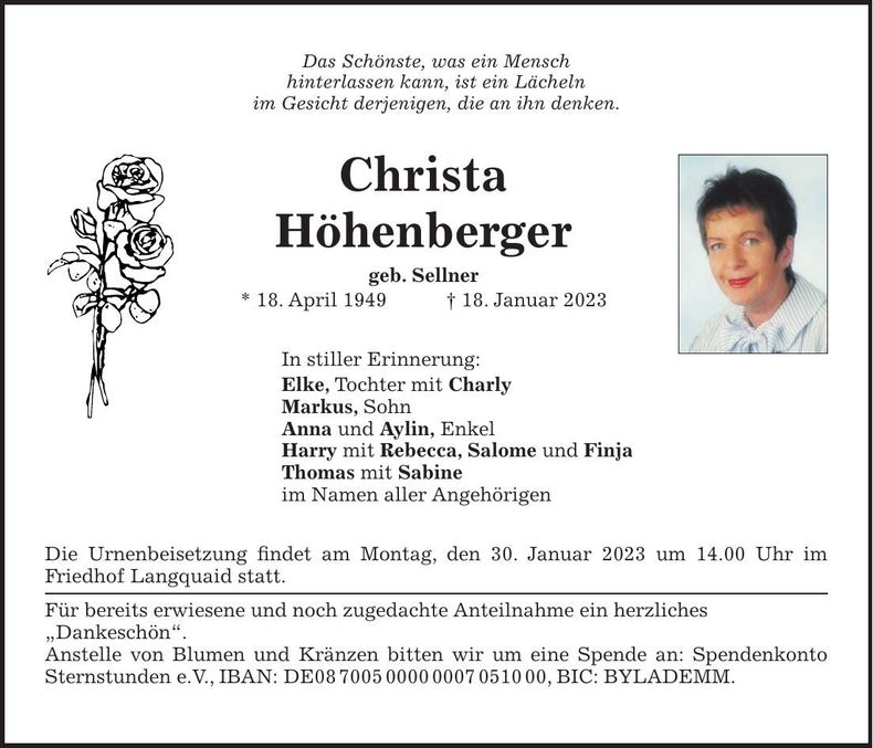 Traueranzeige Christa Höhenberger