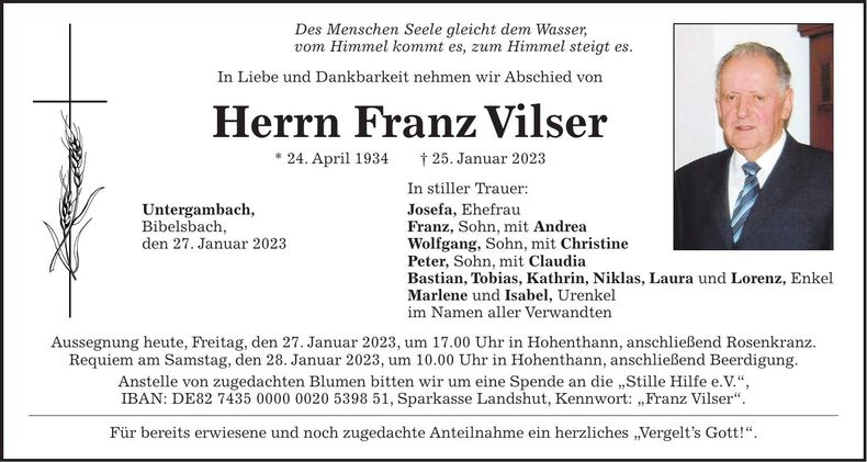 Traueranzeige Franz Vilser
