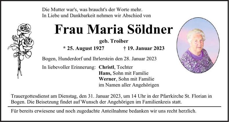 Traueranzeige Maria Söldner