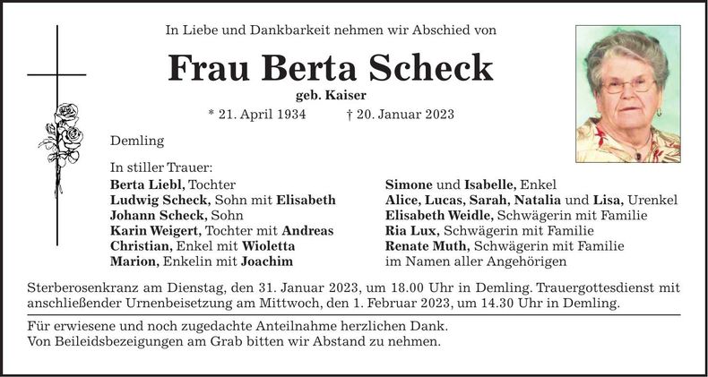 Traueranzeige Berta Scheck
