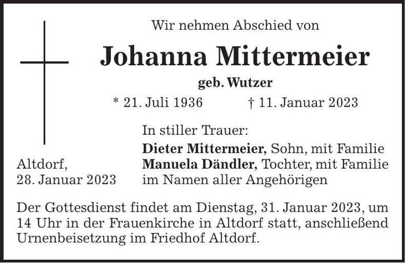 Traueranzeige Johanna Mittermeier