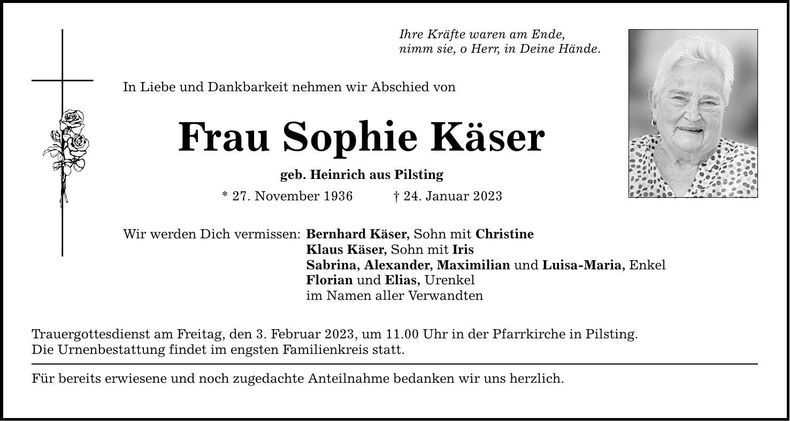 Traueranzeige Sophie Käser