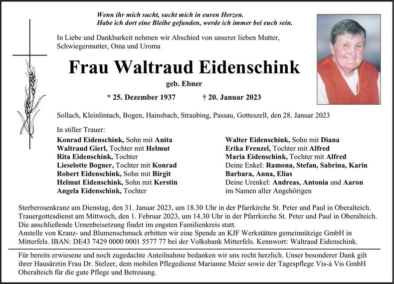 Traueranzeige Waltraud Eidenschink