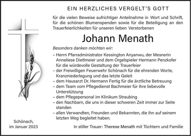 Traueranzeige Johann Menath