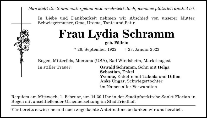 Traueranzeige Lydia Schramm