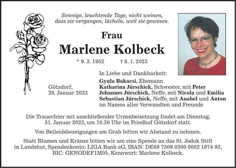 Traueranzeige Marlene Kolbeck