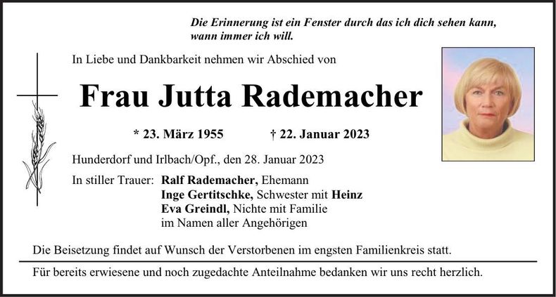 Traueranzeige Jutta Rademacher