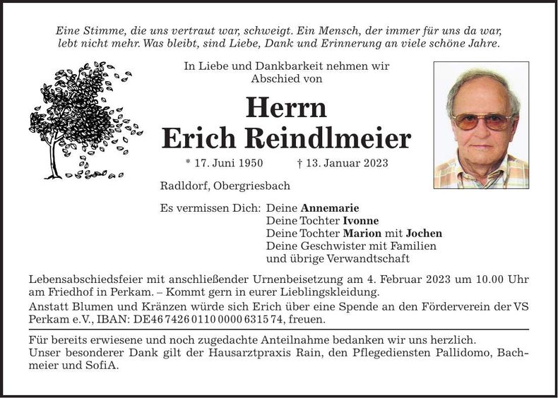 Traueranzeige Erich Reindlmeier