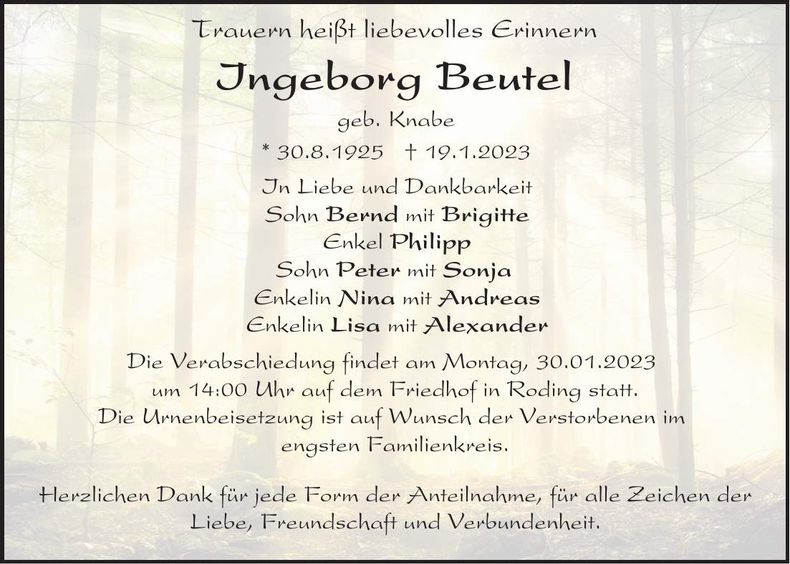 Traueranzeige Ingeborg Beutel