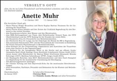 Traueranzeige Anette Muhr