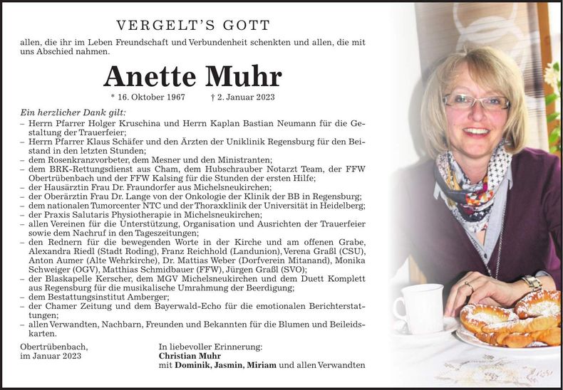 Traueranzeige Anette Muhr