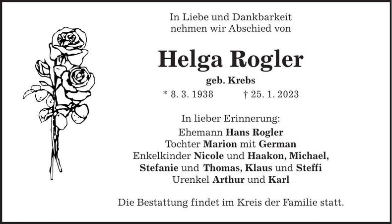 Traueranzeige Helga Rogler