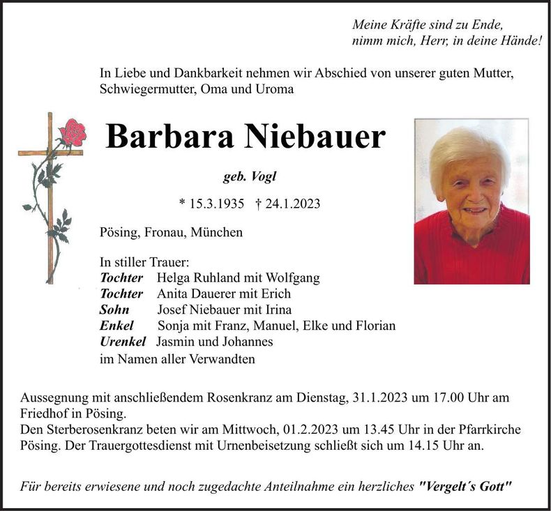Traueranzeige Barbara Niebauer