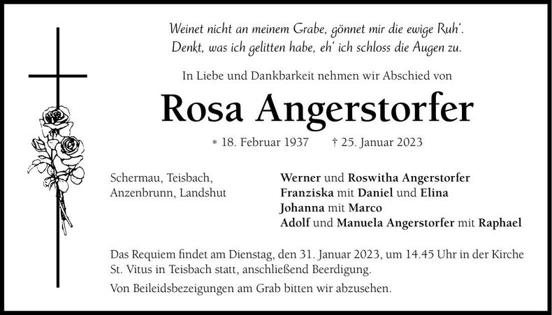 Traueranzeige Rosa Angerstorfer