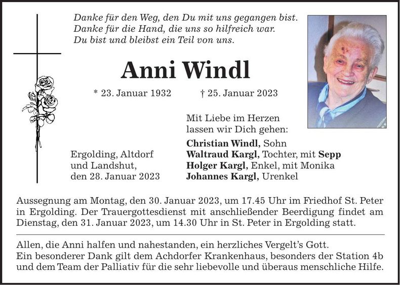 Traueranzeige Anni Windl
