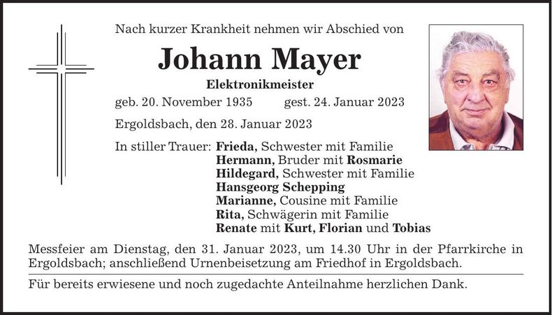 Traueranzeige Johann Mayer