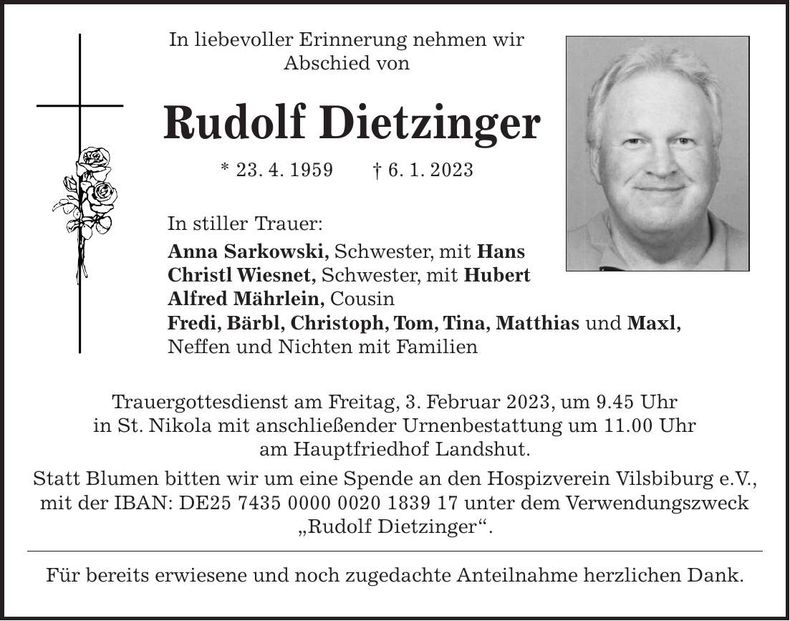 Traueranzeige Rudolf Dietzinger