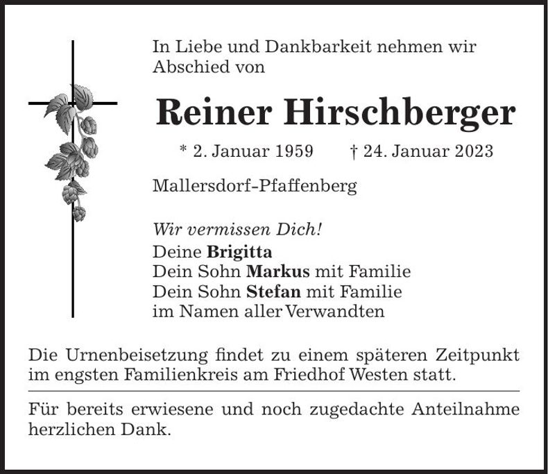 Traueranzeige Reiner Hirschberger