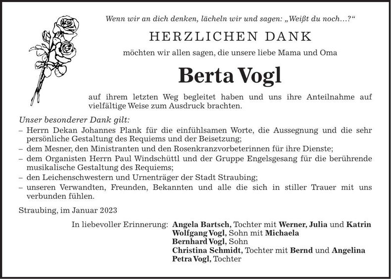 Traueranzeige Berta Vogl