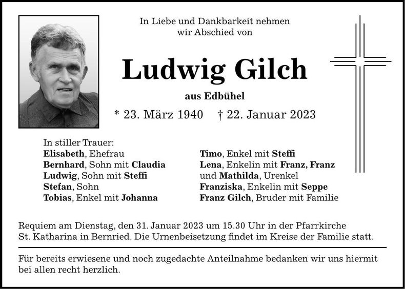 Traueranzeige Ludwig Gilch