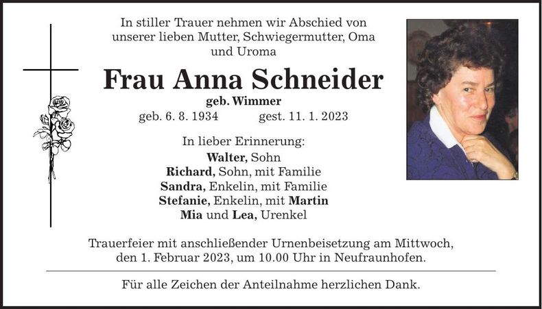 Traueranzeige Anna Schneider