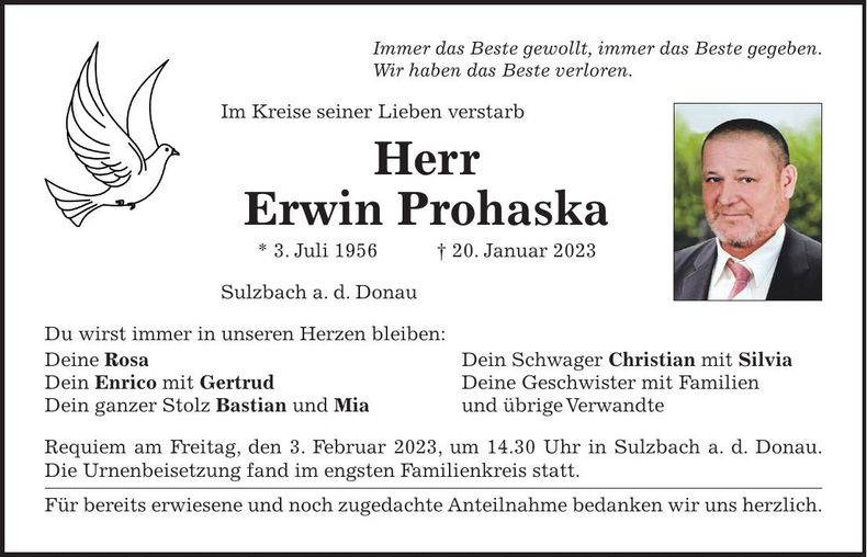 Traueranzeige Erwin Prohaska