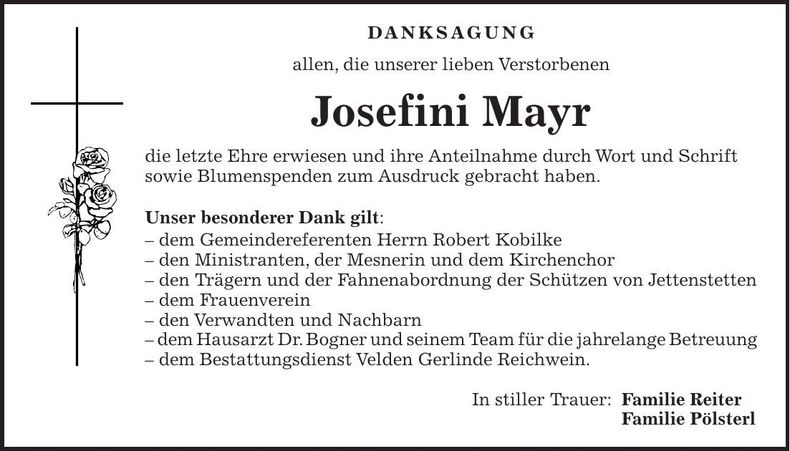 Traueranzeige Josefini Mayr