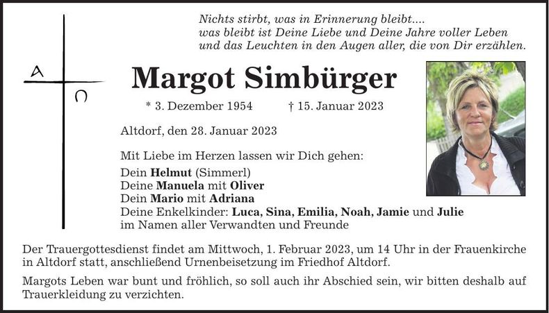 Traueranzeige Margot Simbürger