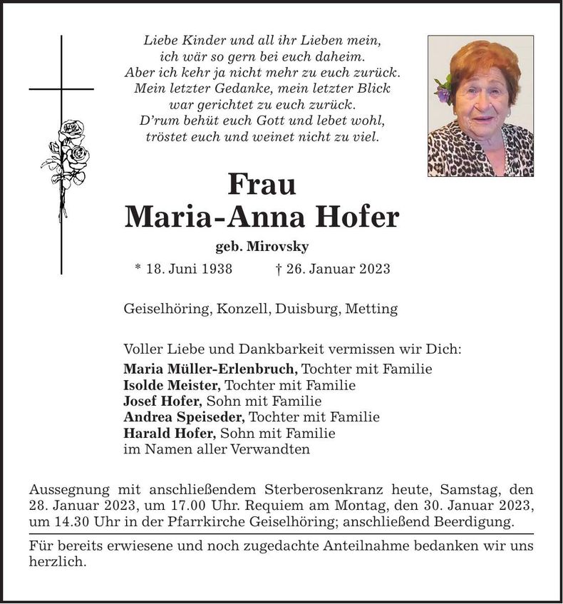 Traueranzeige Anna-Maria Hofer
