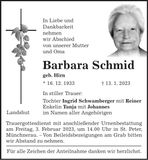 Traueranzeige Barbara Schmid