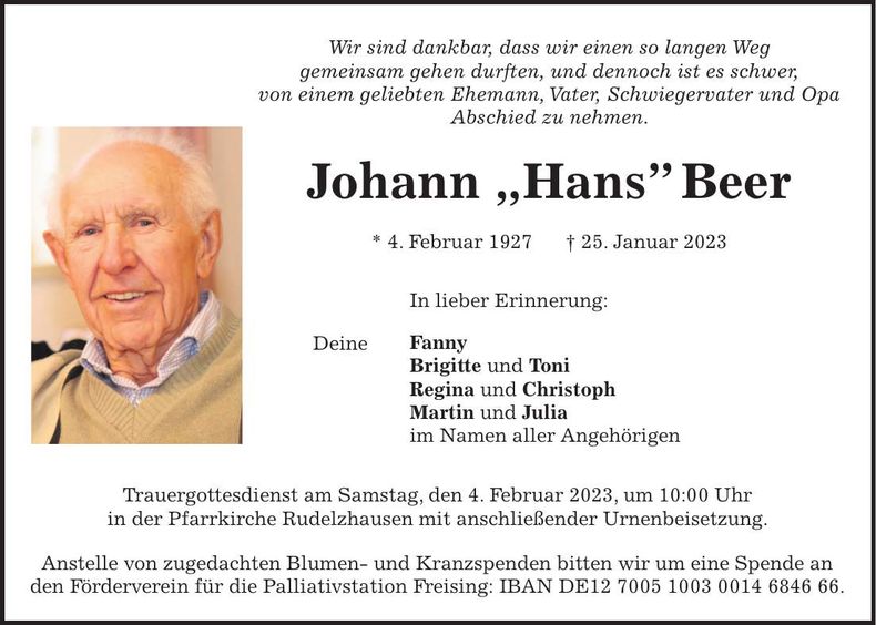 Traueranzeige Johann Beer