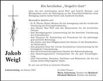Traueranzeige Jakob Weigl